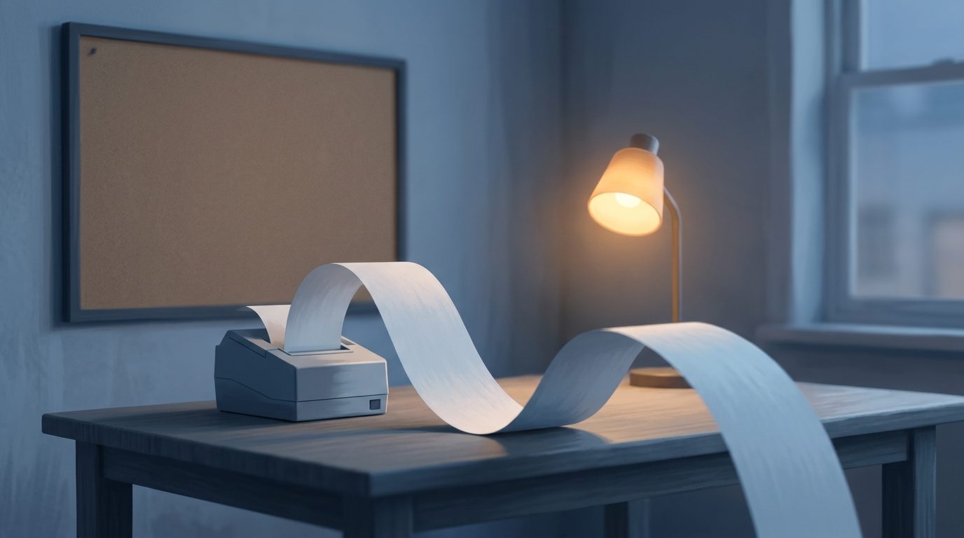 A printed paper receipt curling out of a machine in an empty room, with a blank noticeboard on the wall behind it