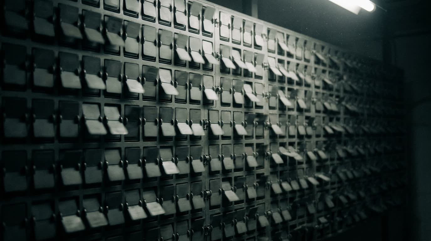 A wall of blank split-flap display panels caught mid-rotation, half of them turned to one face and half to the other, no lettering on any of them