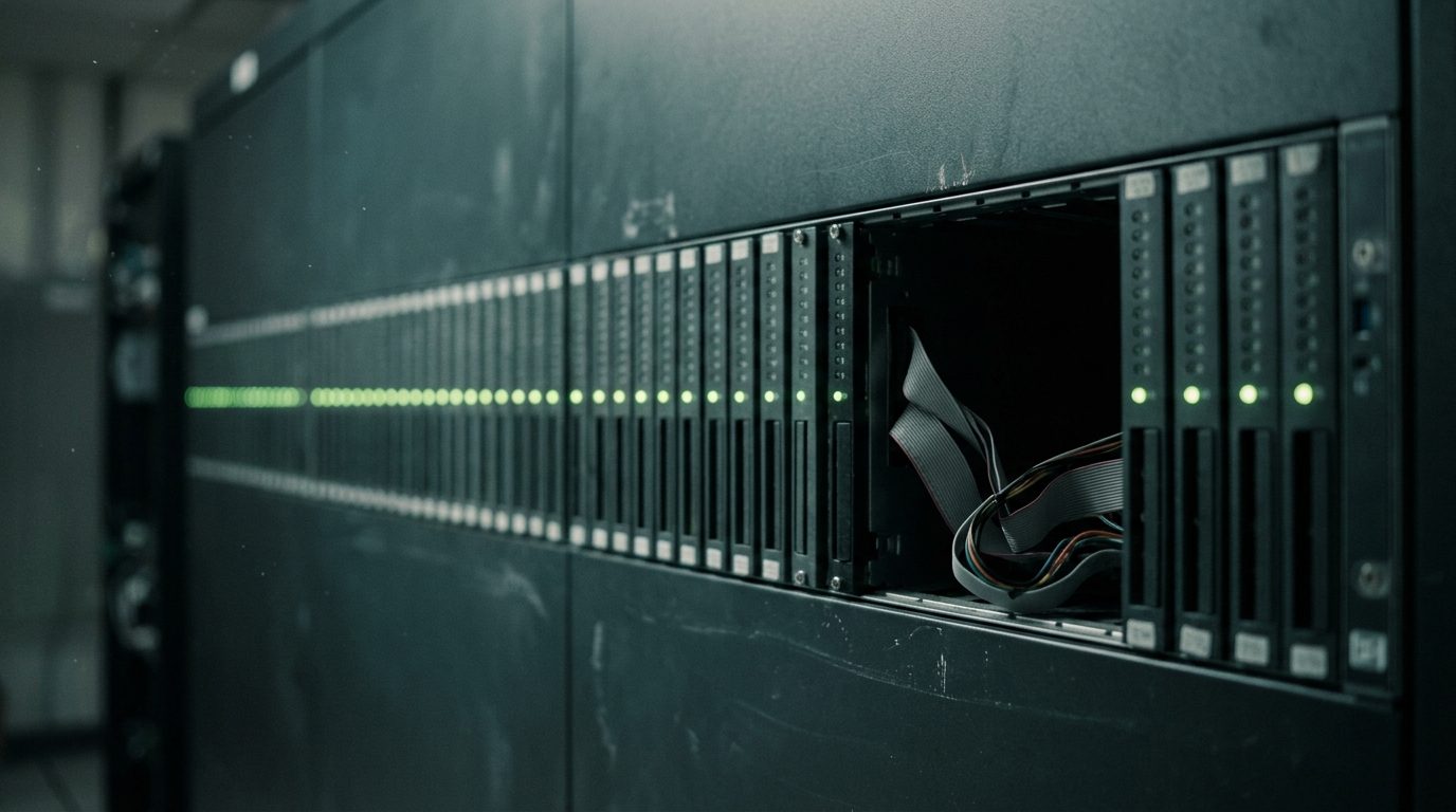 A dark equipment rack with a long row of steadily glowing green indicator lamps, and one bay slid out to show the ribbon cables behind them hanging loose and unconnected
