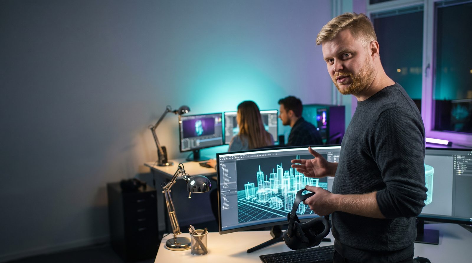 Владимир Баринов в 3D-студии показывает на мониторе цифровой город, в руке VR-шлем, за его спиной работает команда