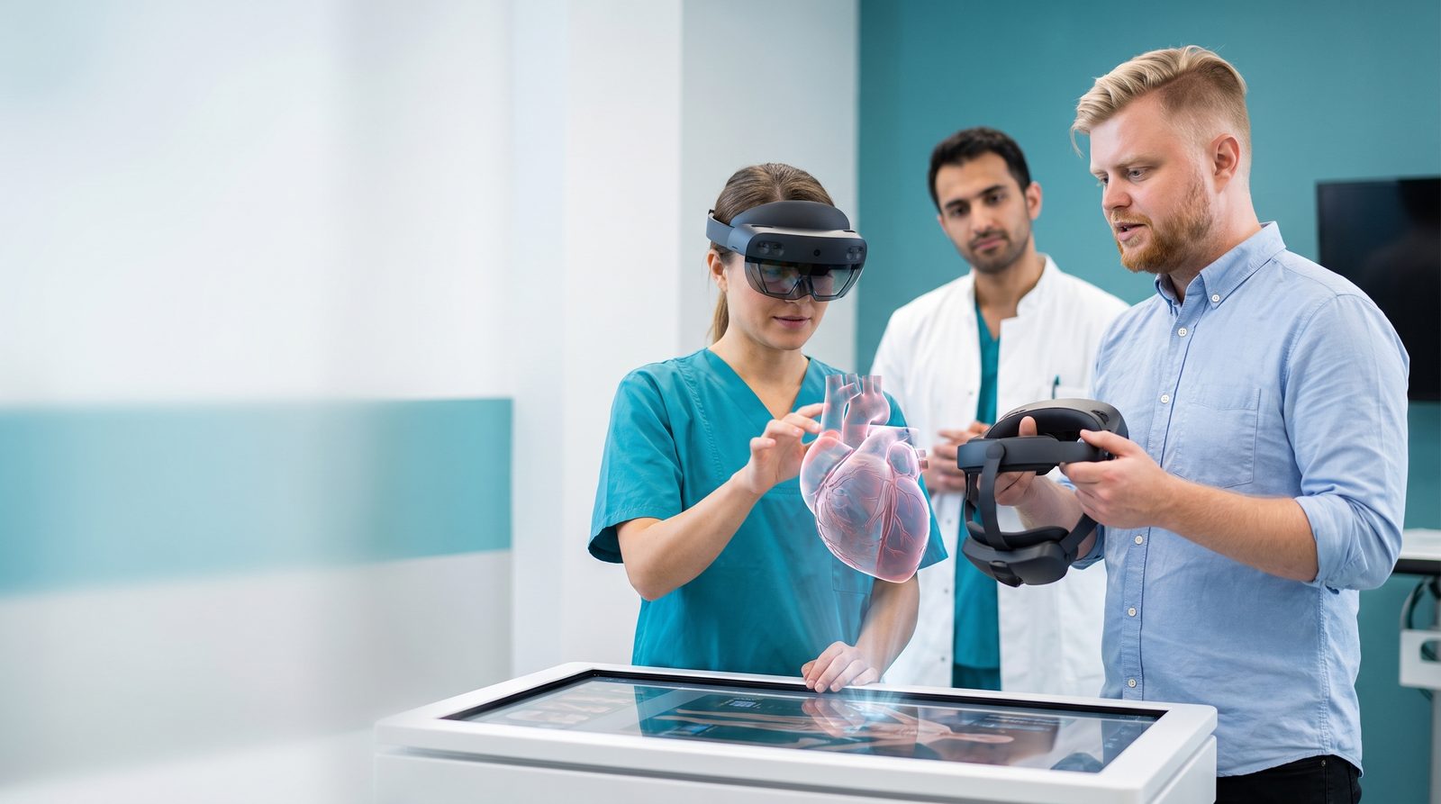 Владимир Баринов с VR-гарнитурой в руках обсуждает с хирургом голографическую модель сердца в учебном медицинском центре