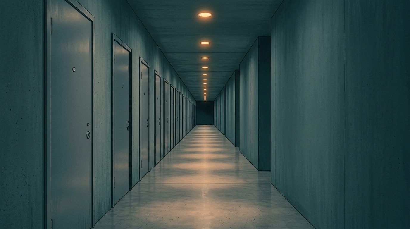 A long corridor of identical closed metal doors, each with a keyhole and no handle, receding toward a line of ceiling lights