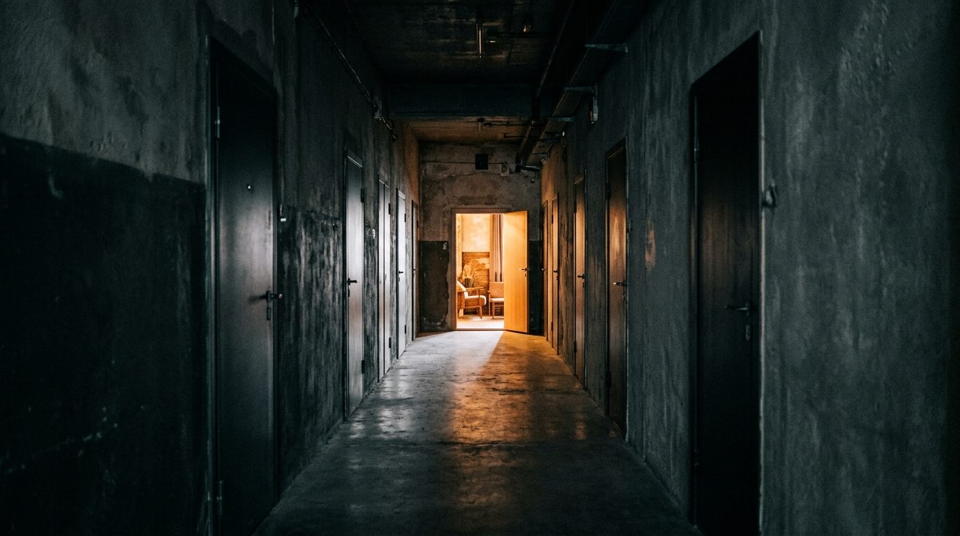A single lit doorway at the end of a long dark corridor, with several closed unmarked doors along the walls that no light reaches