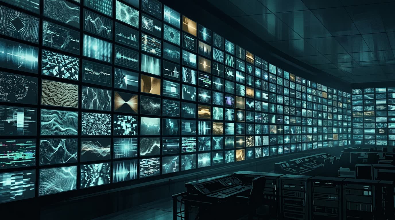 A dark control room wall of hundreds of small glowing screens, each showing a different abstract moving image
