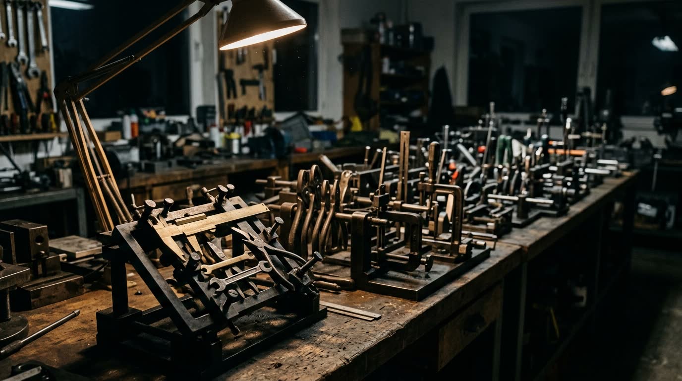 A dim workshop bench at night, rows of precision jigs and clamps gripping other tools rather than finished parts, lit by a single work lamp