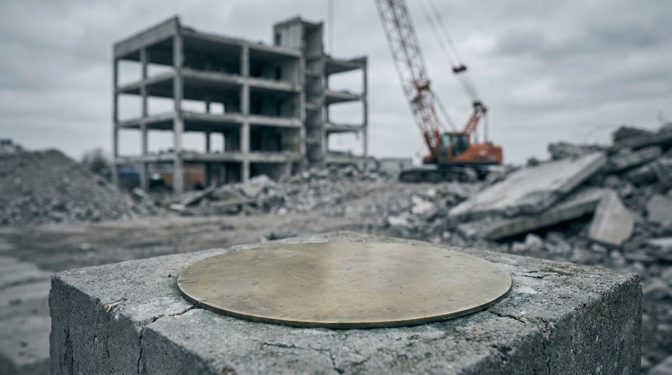 A blank brass survey marker set into a concrete plinth in the foreground, sharply lit; behind it, out of focus, the stripped concrete frame of a half-demolished building and a crane