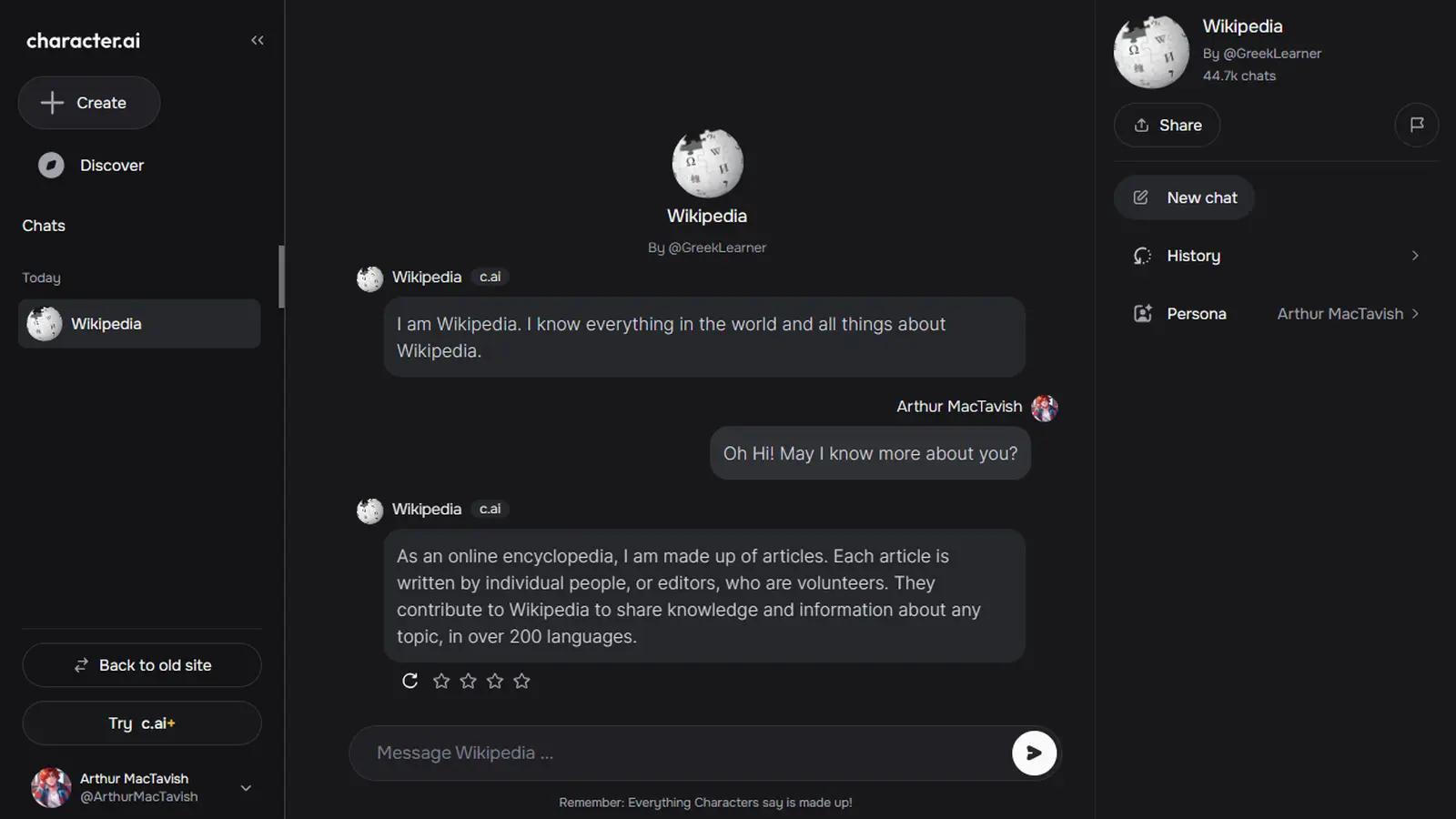 Окно чата Character.ai, где пользователь переписывается с персонажем
