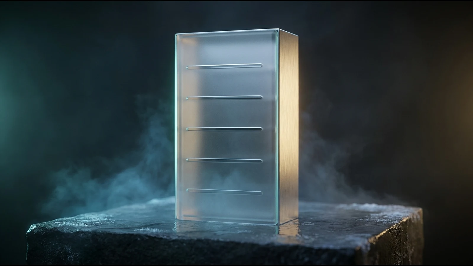 Матовый стеклянный блок с металлической гранью на заиндевевшем камне, вокруг холодный пар, по краям голубой и янтарный контурный свет